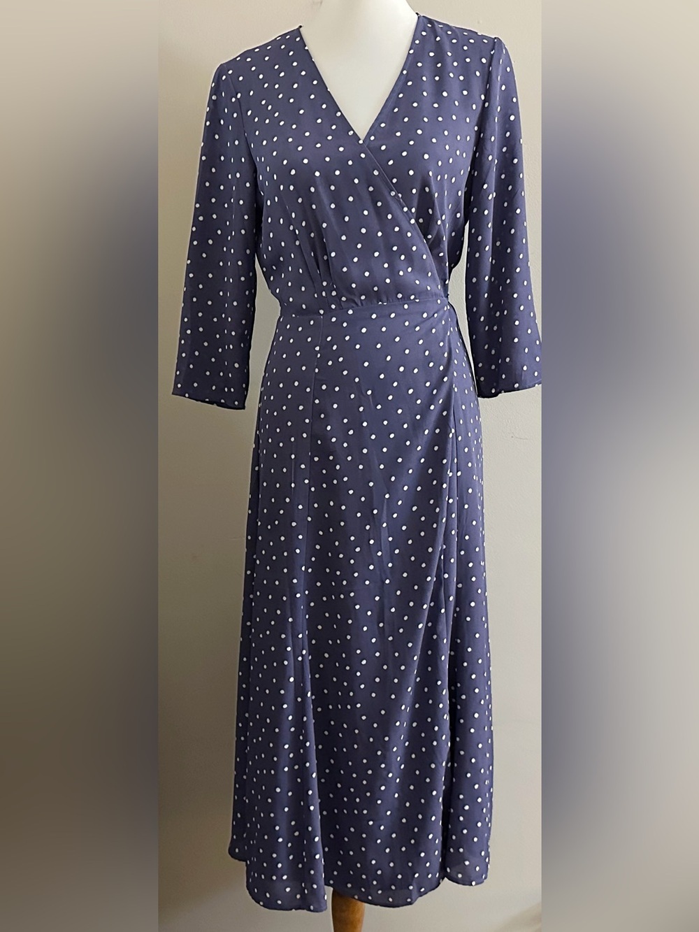 Mango Brand Polka Dot Wrap Midi Dress Preppy Chic Wedding Classic Workwear